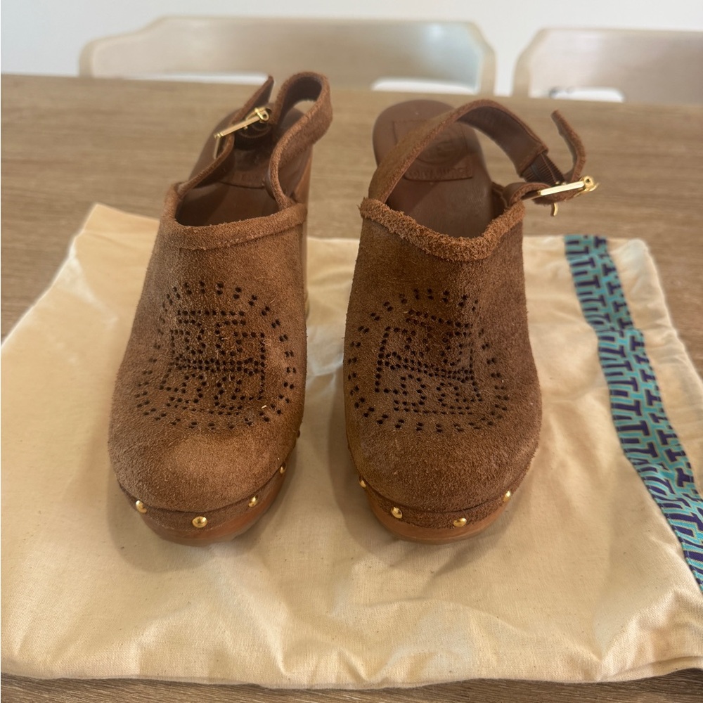 Tory Burch Brown Suede Platform Clog Heels